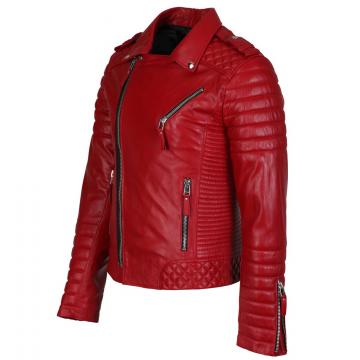 Veste en cuir matelassée rouge pour homme biker