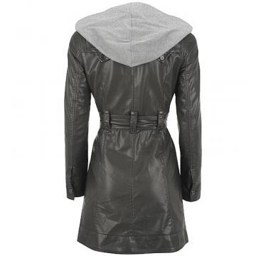 Manteau en cuir à capuche longueur 3/4 pour femmes