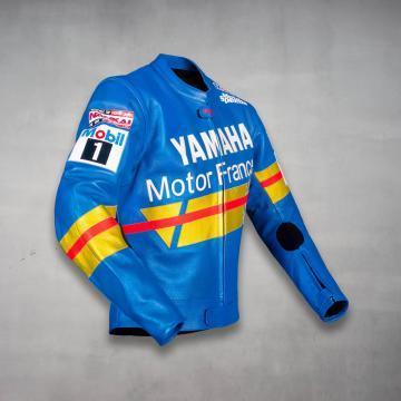 veste de moto en cuir bleu